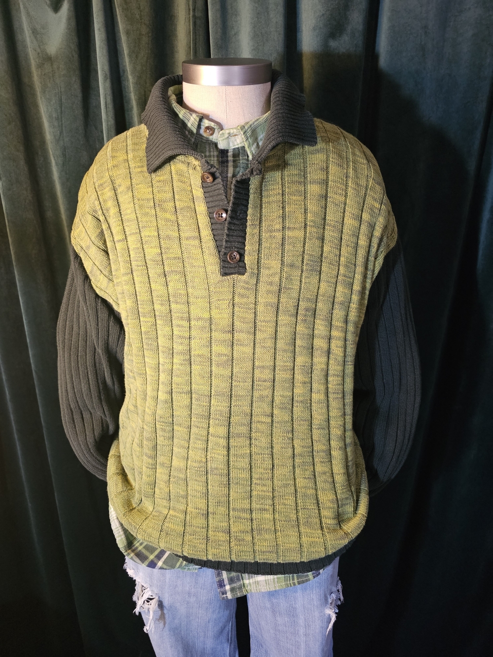 525 America Green Ribbed Zip-Style Pullover with Dark Collar